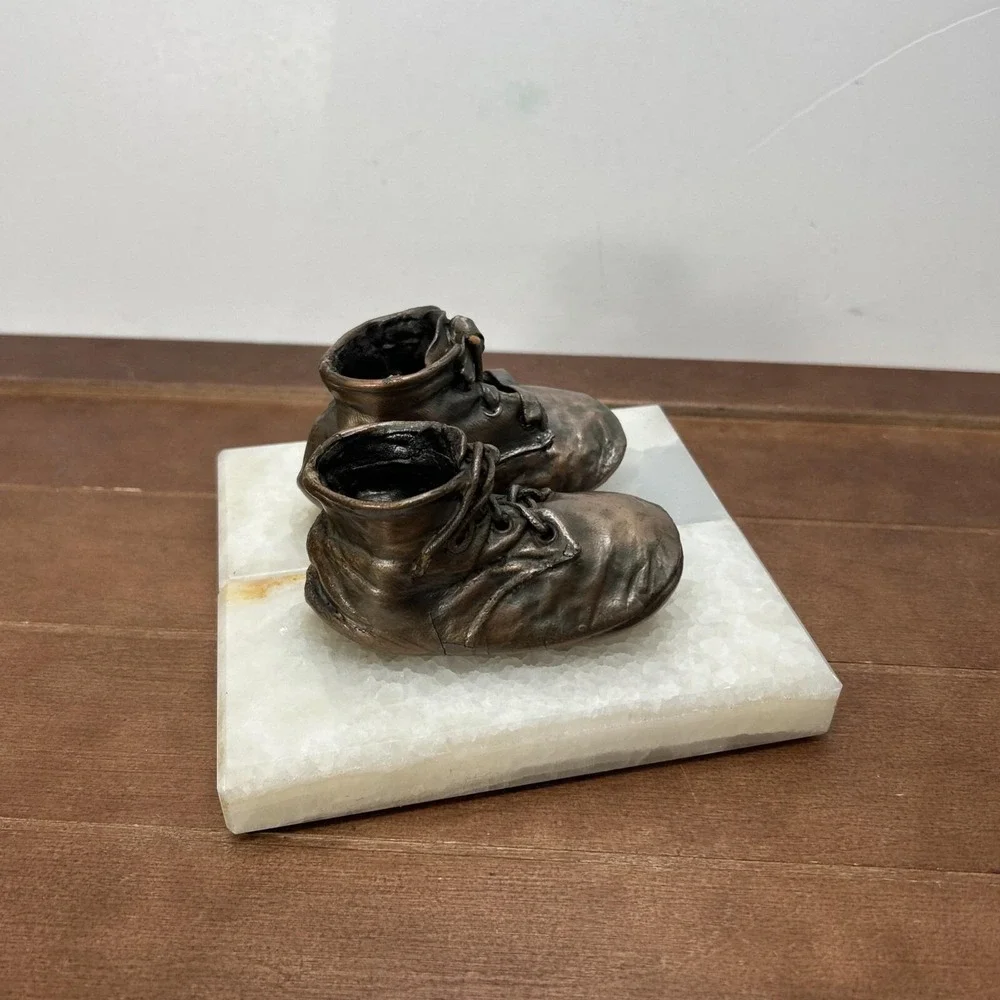Vintage Copper Baby‎ Toddler Shoes Bookends Paperweight Marble Base